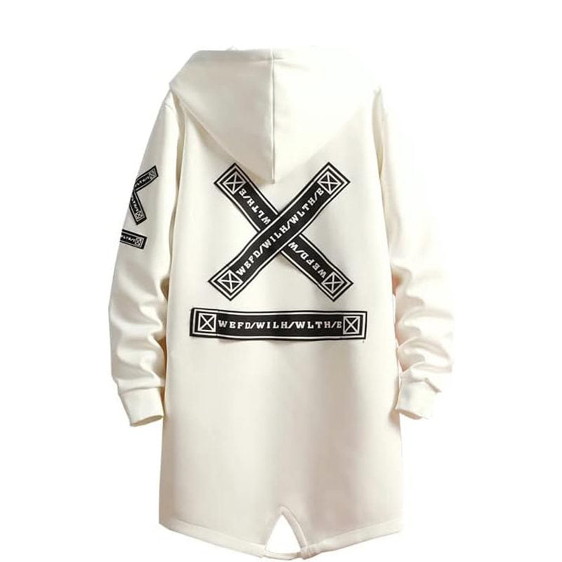 Beakey Hooded Windbreaker for Men Print Harajuku Zipper Long Jacket-White