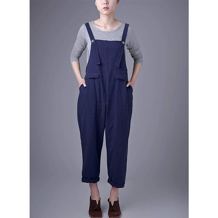 Beakey Women's Casual Baggy Cotton Linen Jumpsuit Overalls With Pockets-Blue-5859