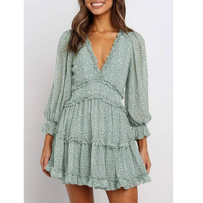 Beakey Womens Spring Summer Deep V Neck Ruffle Long Sleeve Mini Dress-Green-LC220829-1