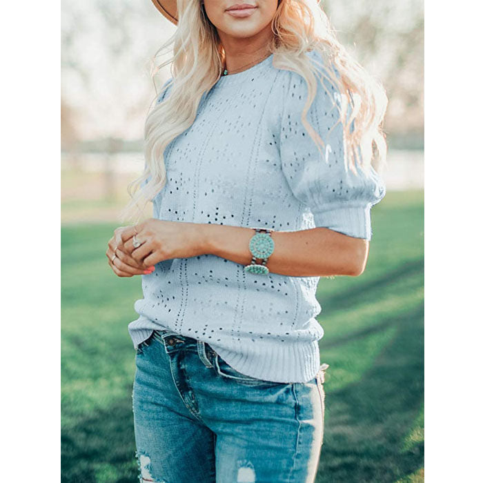 Beakey Womens Lightweight Puff Short Sleeve Sweaters Tops Crew Neck Dot Pullover Shirt-Blue