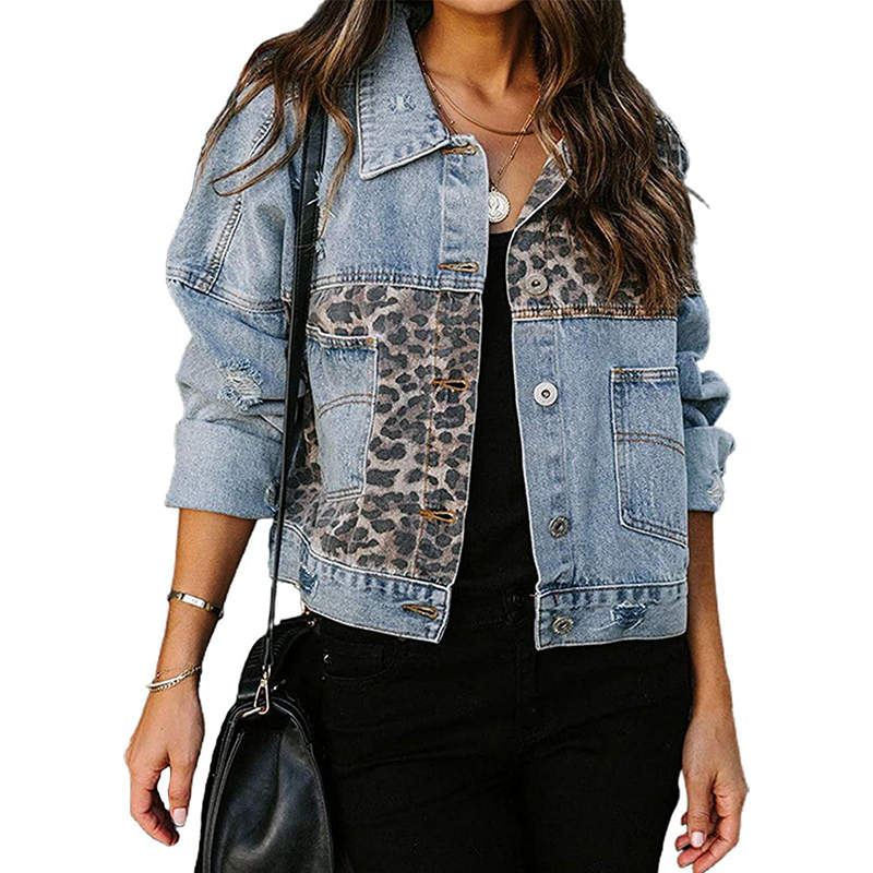 Beakey Womens Distressed Denim Jacket Patchwork Print Ripped Outwear-LeopardPattern
