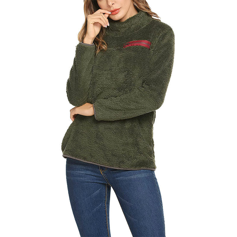 Beakey Womens Turtleneck Sweatshirt Winter Faux Fuzzy Sherpa Pullover-Army Green