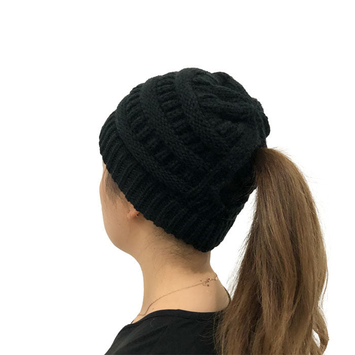 Beakey Soft Stretch Cable Knit Hat Ponytail Beanie Winter Hat For Women-Black