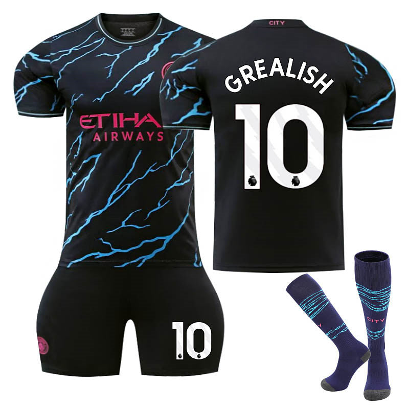 Beakey Manchester City Second Away EPL Jersey GREALISH #10 Soccer Jersey Kids Adult 3Pcs Jersey Kits