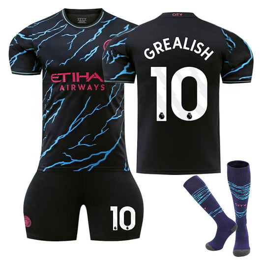 Beakey Manchester City Second Away EPL Jersey GREALISH #10 Soccer Jersey Kids Adult 3Pcs Jersey Kits