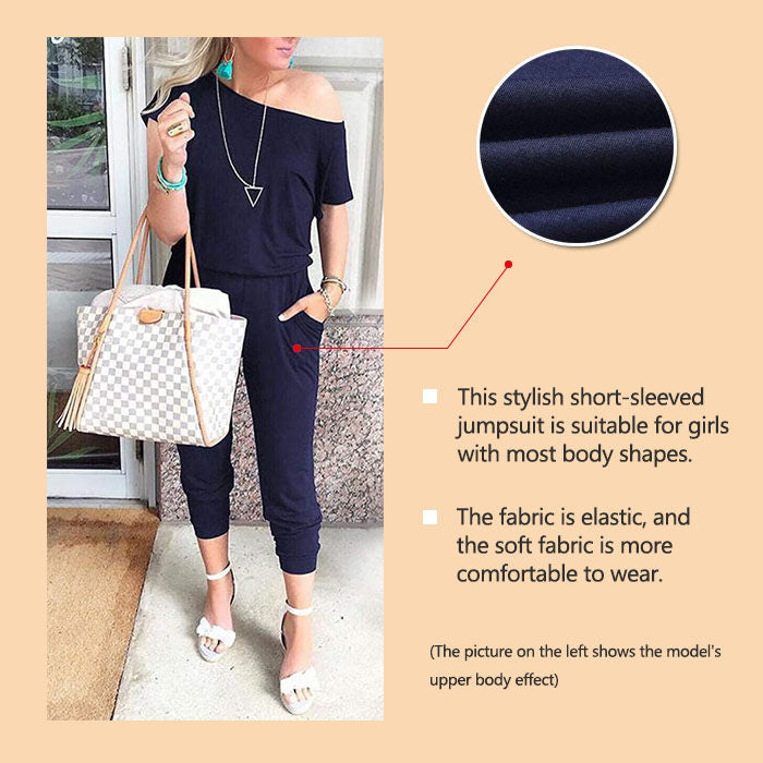 Beakey Women's Loose Solid Off Shoulder Elastic Waist Stretchy Long Romper Jumpsuit with Pockets - Navy