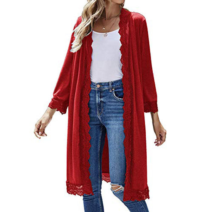 Beakey Women's 3/4 Sleeve Lace Flower Trim Casual Long Cardigan Cover Up Loose Blouse Knitting Outerwear-Red Wine
