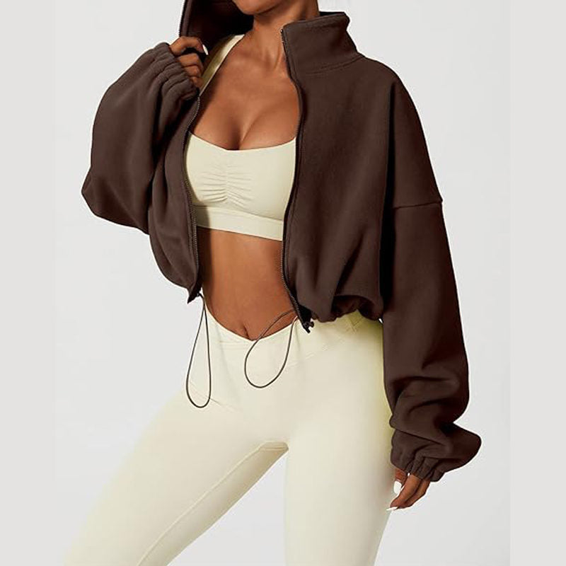 Beakey Womens Fleece Crop Jacket Full Zip Stand Collar Winter Coat-Coffee