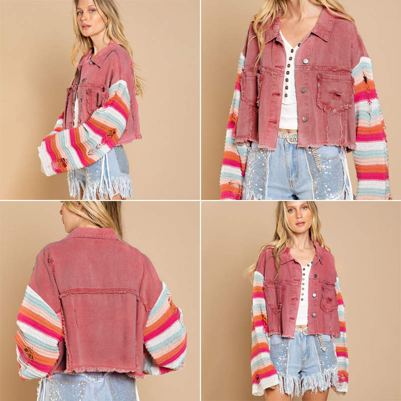 Beakey Womens Patchwork Denim Jacket Rainbow Knit Long Sleeve Crop Coat-Red
