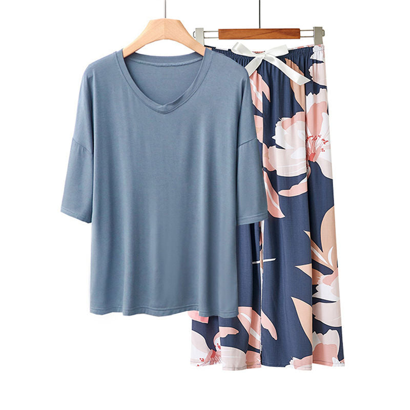 Beakey Womens Pajama Set Print Sleepwear Soft V-Neck Short Sleeve Top With Pants-30