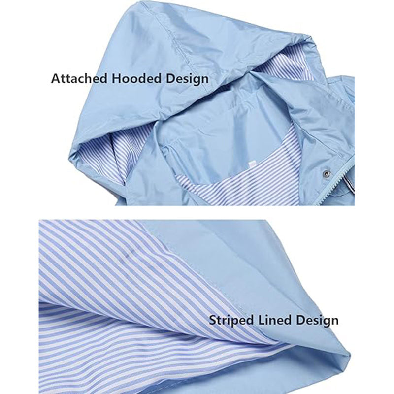 Beakey Rain Jacket for Women Striped Lined Hooded Lightweight Windbreaker-Sky Blue