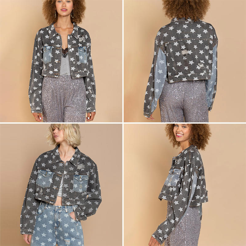 Beakey Star Print Denim Jacket for Women Frayed Raw Crop Coat for Autumn