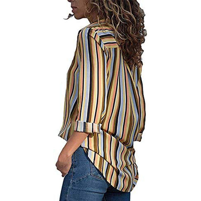 Beakey Women Autumn V Neck Striped Printing Roll up Sleeve Button Down Blouses Top-Yellow-623
