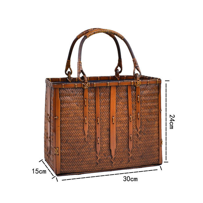 Beakey Retro Womens Bamboo Handbag Handmade Large Tote Bag Wicker Storage Basket Bag-Five Bars