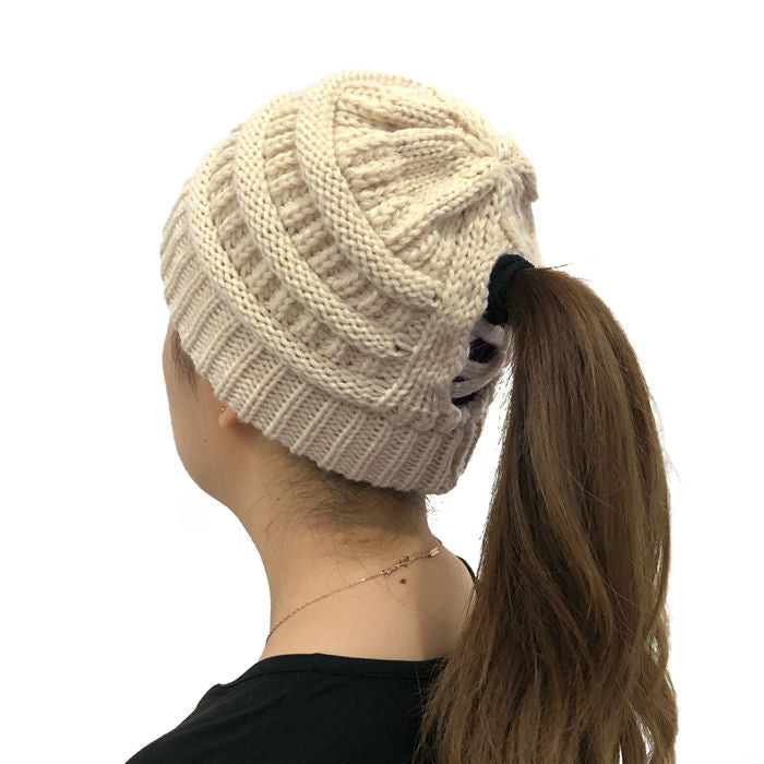 Beakey Soft Stretch Cable Knit Hat Ponytail Beanie Winter Hat For Women-Beige