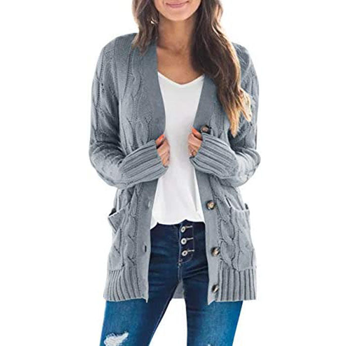 Beakey Women's Winter Keep Warm Long Sleeve Knit Sweater Cardigan Button Loose Outerwear-Gray-YL220187