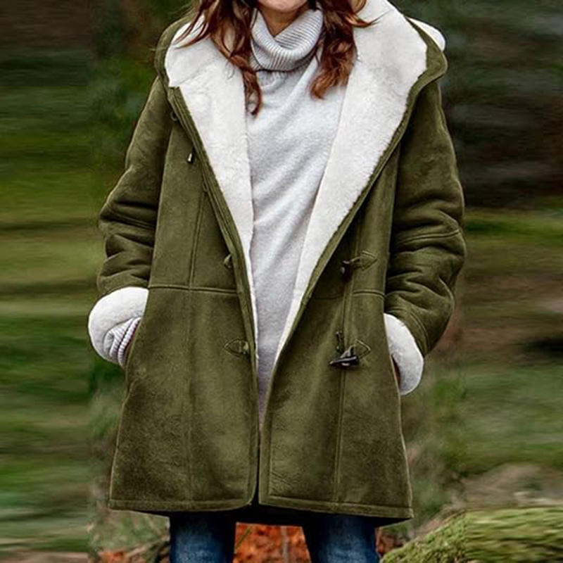 Beakey Fleece Jackets for Women Horn Button Winter Hooded Outwear-Army Green