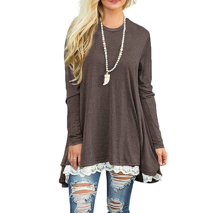 Beakey Women's Crew Neck Long Sleeve Lace Splicing Shirt Long Tunic Blouses-Coffee-1228