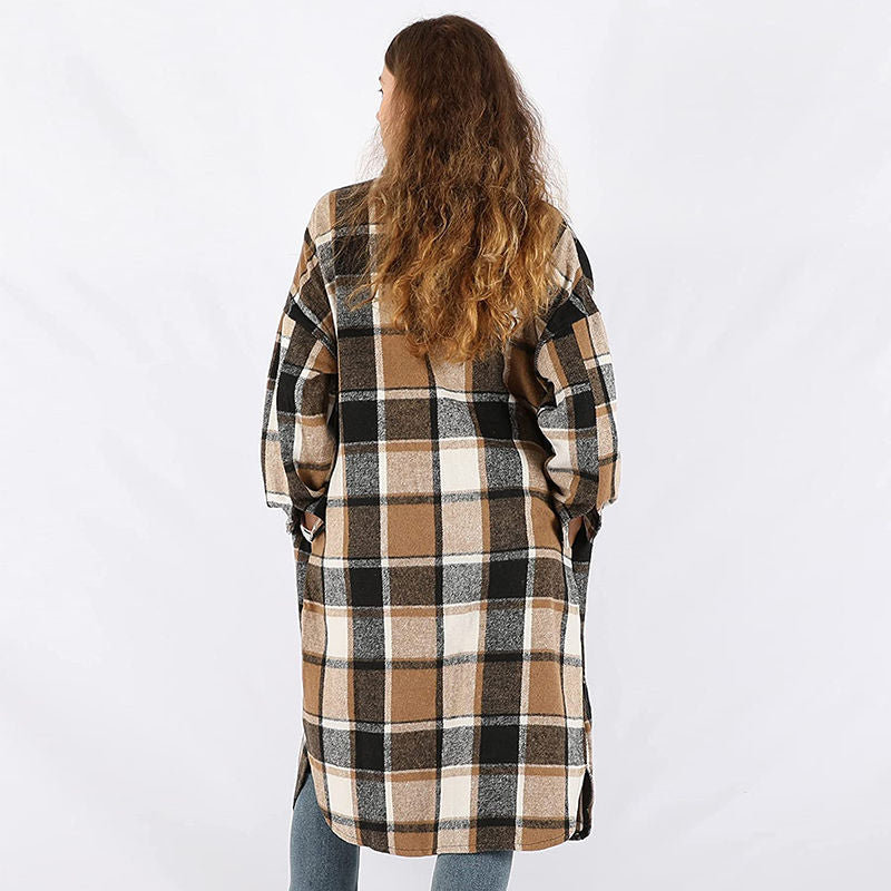 Beakey Womens Casual Plaid Long Coat Lapel Button Down Shirts Jacket-Brown