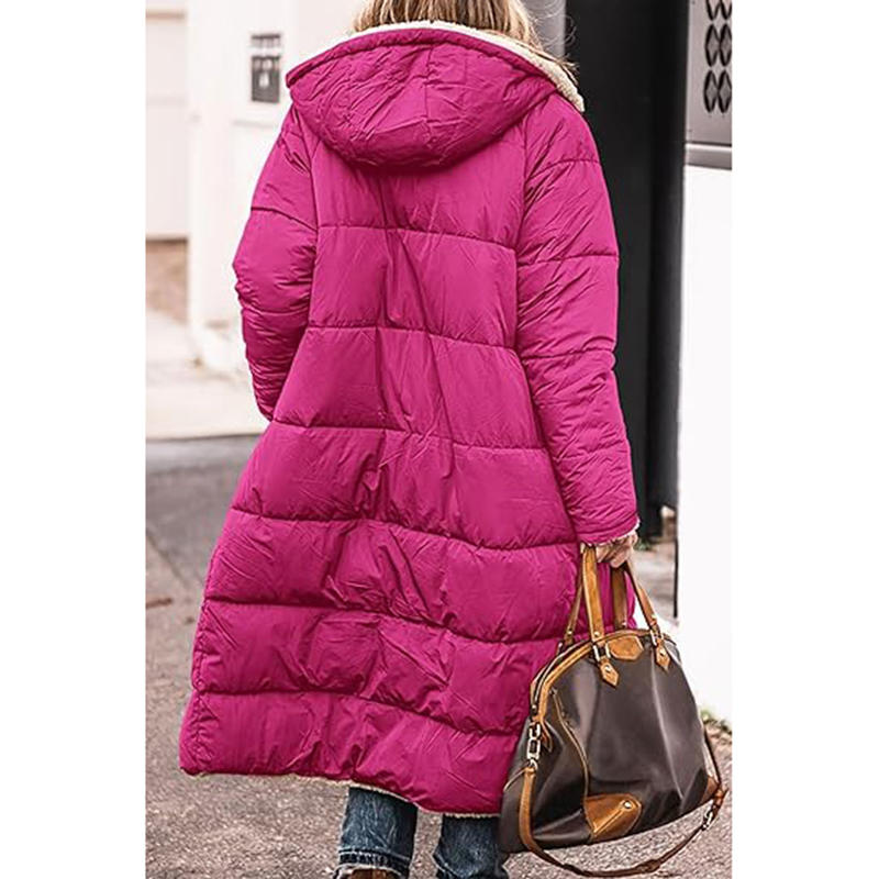 Beakey Womens Long Coats with Hood Fleece Lining Oversized Jackets-Rose Red