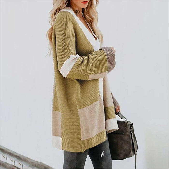Beakey Womens Color Block Cardigan Open Front Sweaters Loose Knit Casual Coat-Khaki-AL6009
