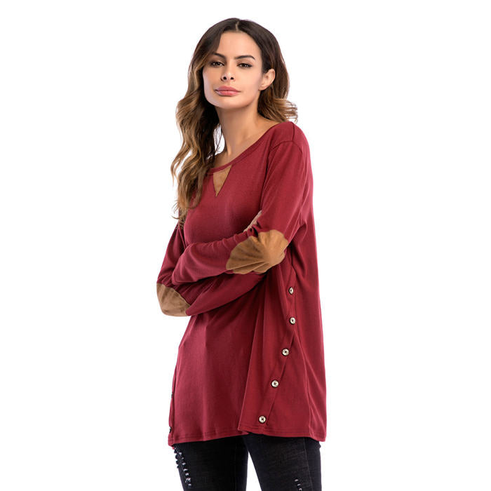 Beakey Women's Long Sleeve Double-breasted Buttons Casual Blouse Tunic Shirt Tops-Wine Red-1025