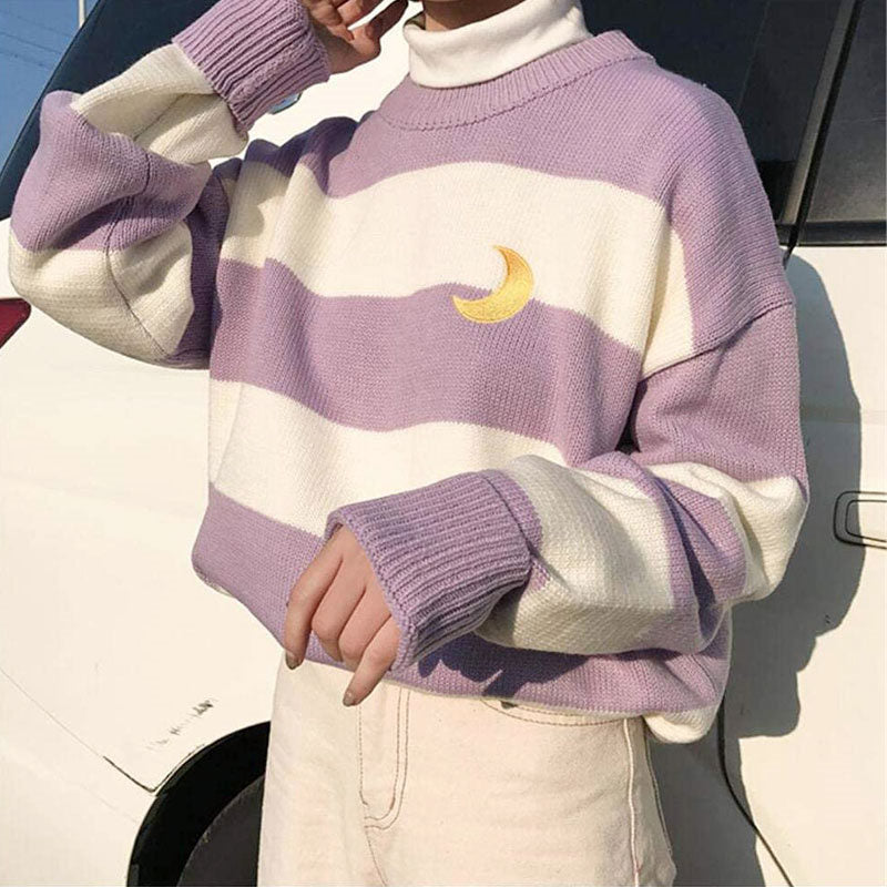 Beakey Womens Kawaii College Style Sweater Contrast Striped Moon Pullover-Purple