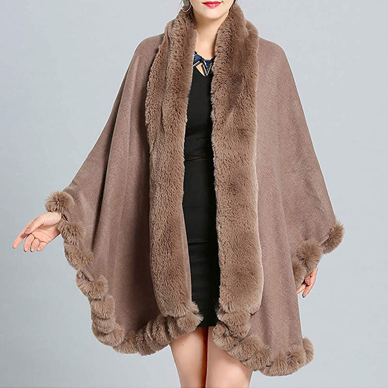 Beakey Womens Faux Fox Fur Trim Cardigan Shawl Oversized Cape-Khaki