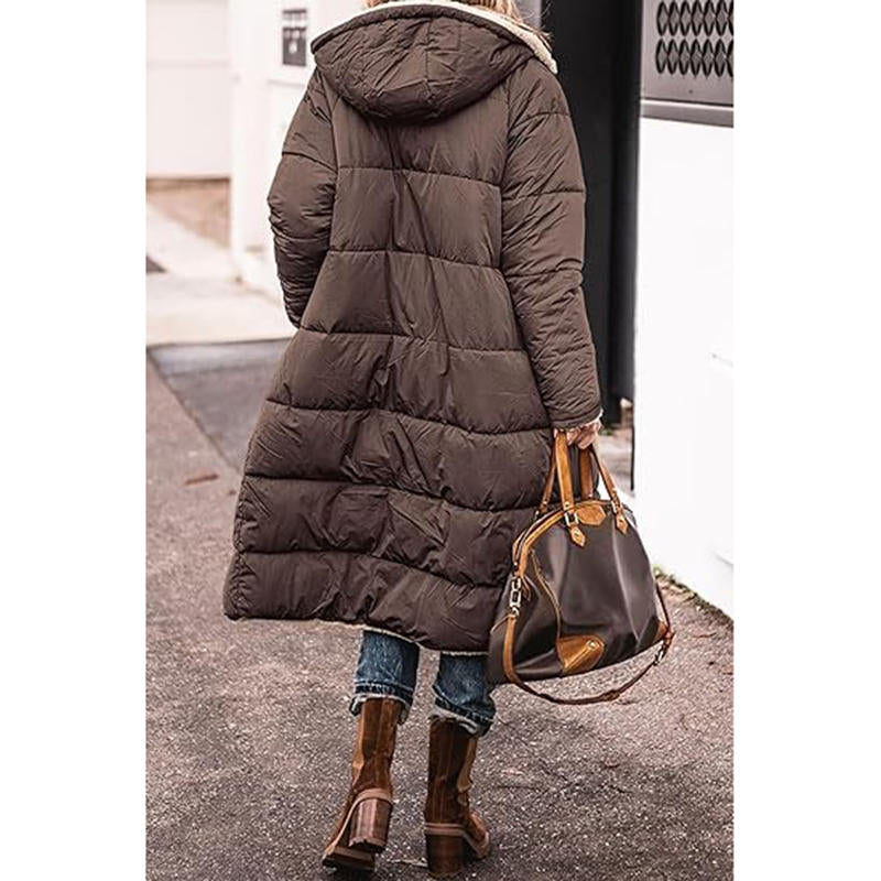 Beakey Womens Long Coats with Hood Fleece Lining Oversized Jackets-Coffee