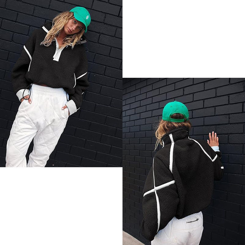 Beakey Womens Fleece Sweatshirts Half Zip Workout Crop Tops with Pockets-Black