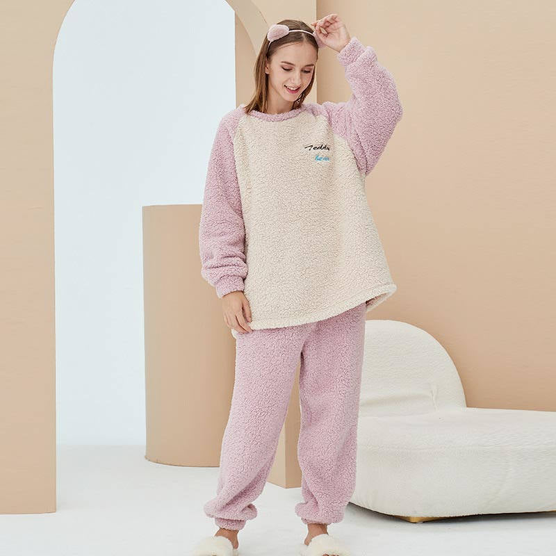 Beakey Crewneck Colorblock Pajamas Set for Couple-Pink
