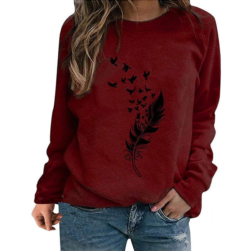 Beakey Womens Casual Long Sleeve T-Shirt Crew Neck Pullover-WineRed Black