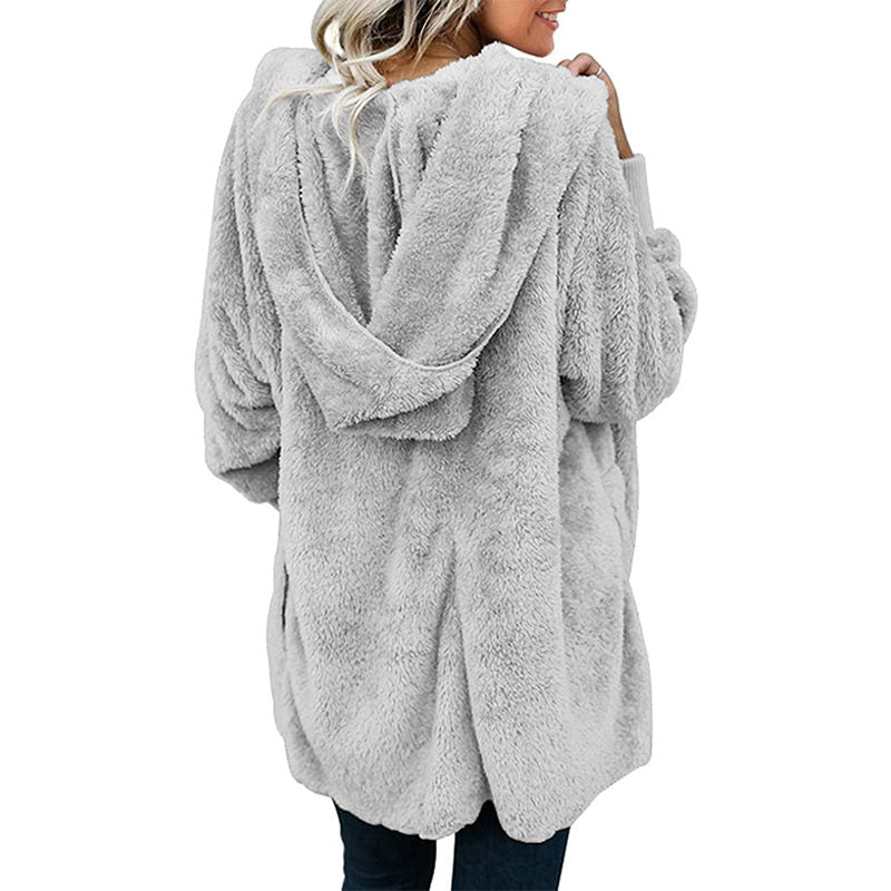Beakey Womens Long Sleeve Fuzzy Fleece Jacket Hooded Cardigan Coat with Pockets-Grey