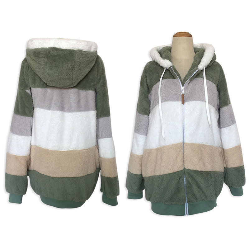 Beakey Womens Warm Plush Hooded Cardigan Full Zip Colorblock Jacket-Green
