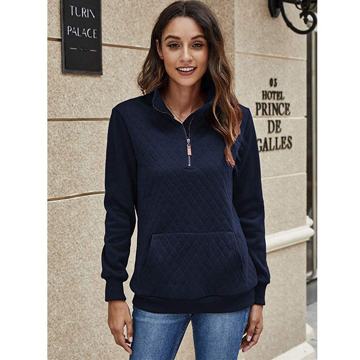 Beakey Women 1/4 Zipper Long Sleeve Plain Casual Sweatshirts Pullovers Shirts Tops-Navy