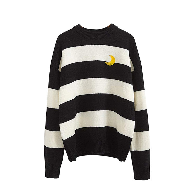 Beakey Womens Kawaii College Style Sweater Contrast Striped Moon Pullover-Black