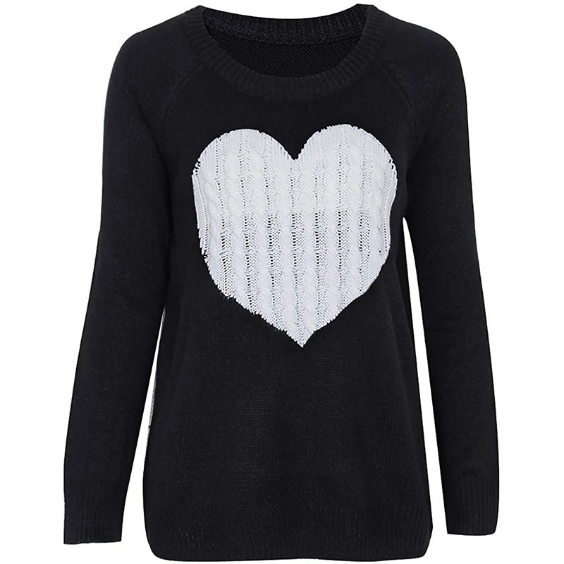 Beakey Women's Long Sleeve Pullover Sweater CrewNeck Cute Heart Knit Sweater-Black