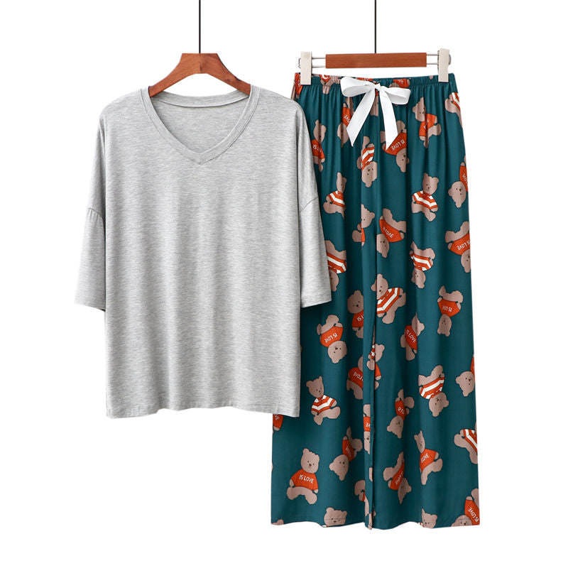 Beakey Womens Pajama Set Print Sleepwear Soft V-Neck Short Sleeve Top With Pants-9