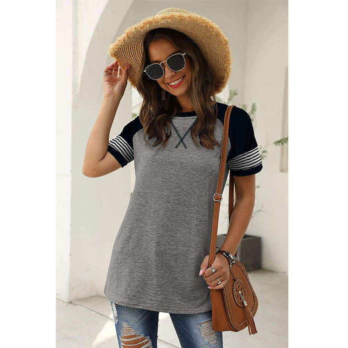 Beakey Womens T Shirts Round Neck Short Sleeve Striped Color Block Casual Tops-Gray-025