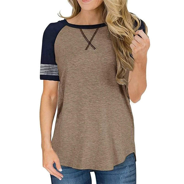 Beakey Womens T Shirts Round Neck Short Sleeve Striped Color Block Casual Tops-Khaki-025