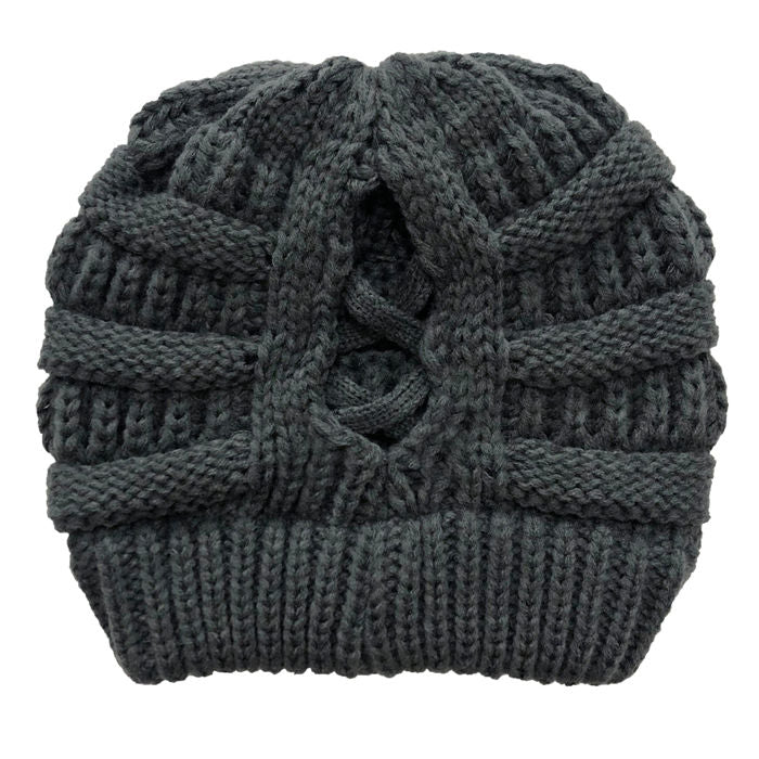 Beakey Soft Stretch Cable Knit Hat Ponytail Beanie Winter Hat For Women-Dark Gray
