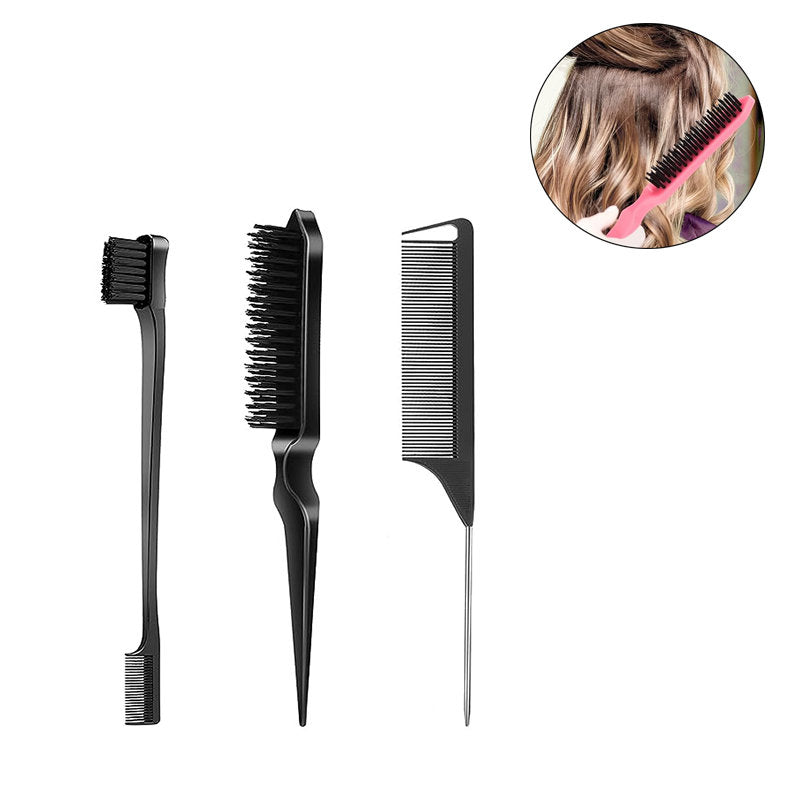 Beakey Edge Brush + Bristle Brush + Rat Tail Comb for Smoothing Hair-Black