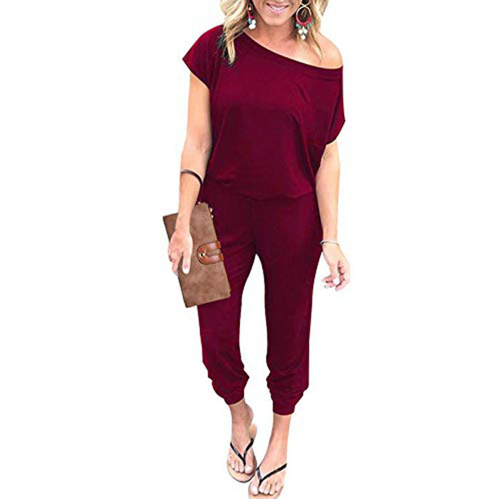 Beakey Women's Loose Solid Off Shoulder Elastic Waist Stretchy Long Romper Jumpsuit with Pockets - Fuchsia