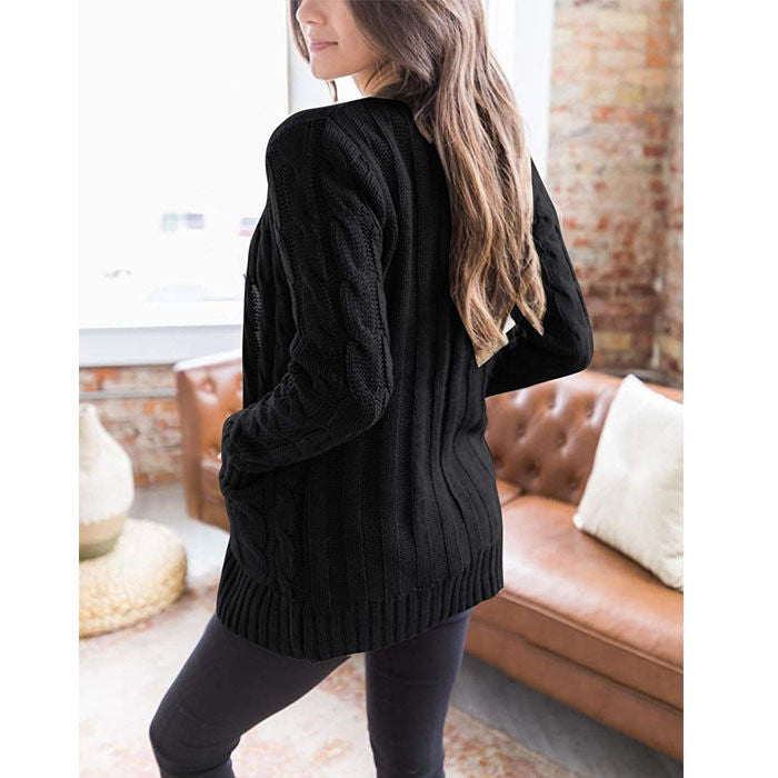 Beakey Women's Winter Keep Warm Long Sleeve Knit Sweater Cardigan Button Loose Outerwear-Black-YL220187