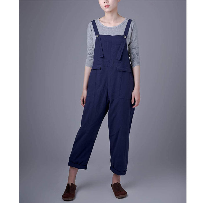 Beakey Women's Casual Baggy Cotton Linen Jumpsuit Overalls With Pockets-Blue-5859
