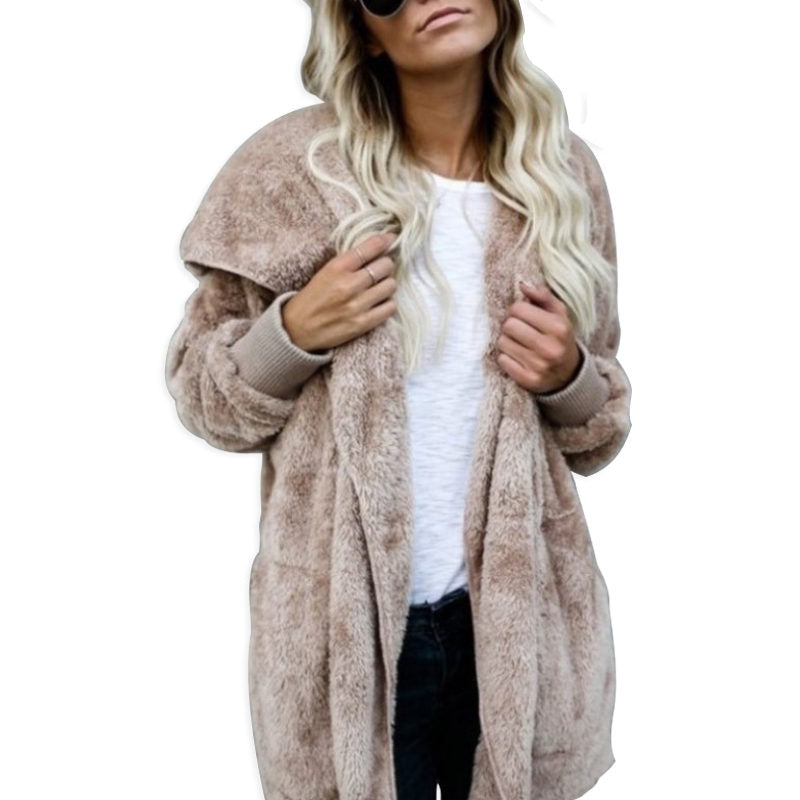 Beakey Womens Long Sleeve Fuzzy Fleece Jacket Hooded Cardigan Coat with Pockets-Khaki