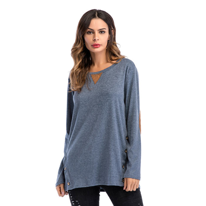 Beakey Women's Long Sleeve Double-breasted Buttons Casual Blouse Tunic Shirt Tops-Denim Blue-1025