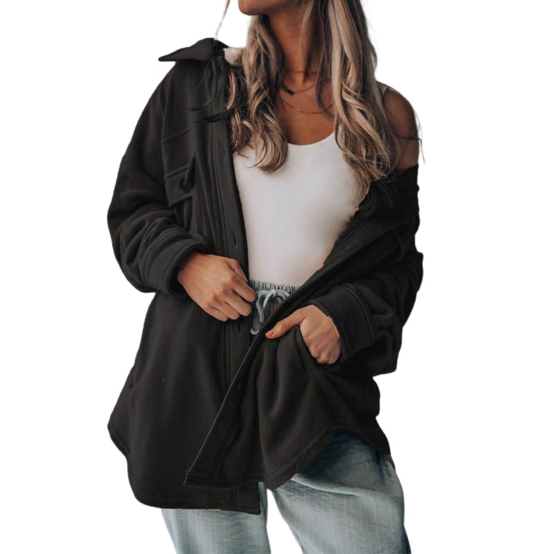 Beakey Womens Fleece Long Sleeved Shirt Casual Boyfriend Blouse Top-Black