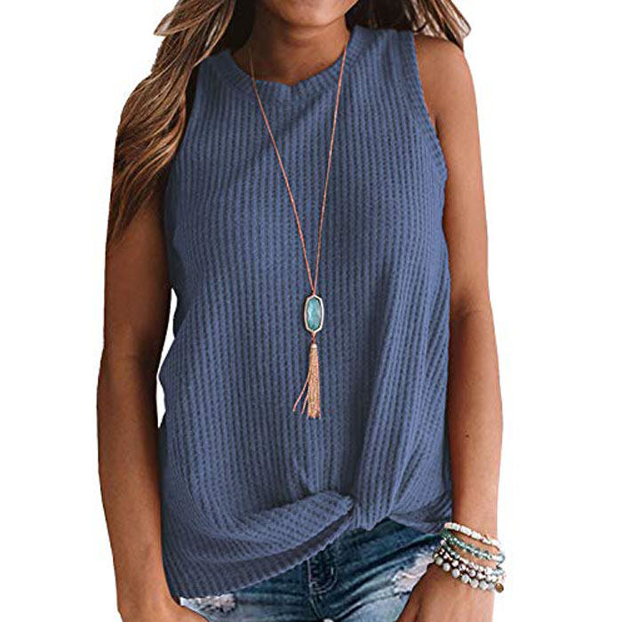 Beakey Womens Waffle Knit Vest Casual Blouse Sleeveless Twist Knot Tank Tops-Blue-YT8829