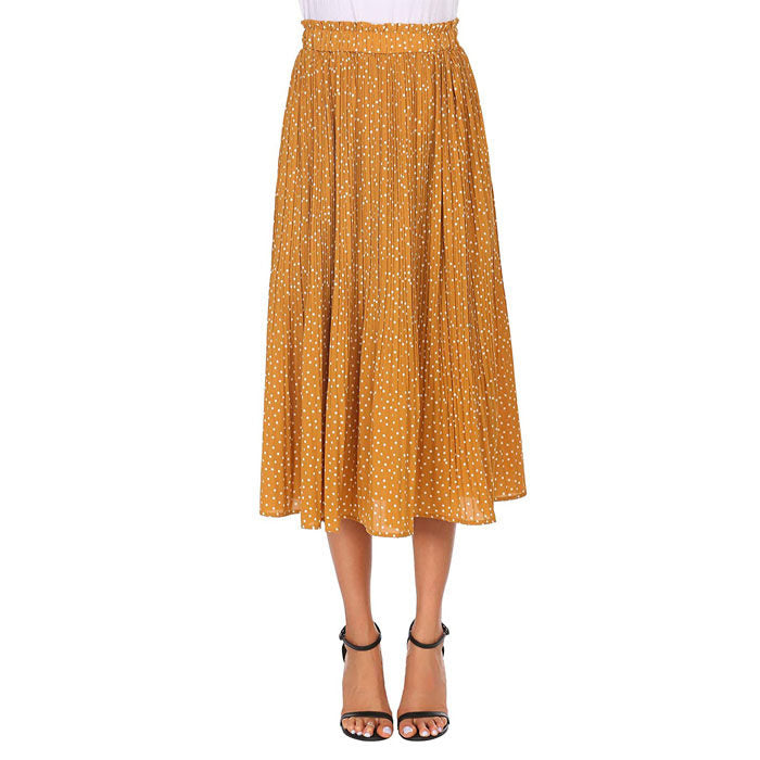 Beakey Womens High Waist Skirt Polka Dot Pleated Midi Maxi Swing Skirt High Elastic-Yellow-0387